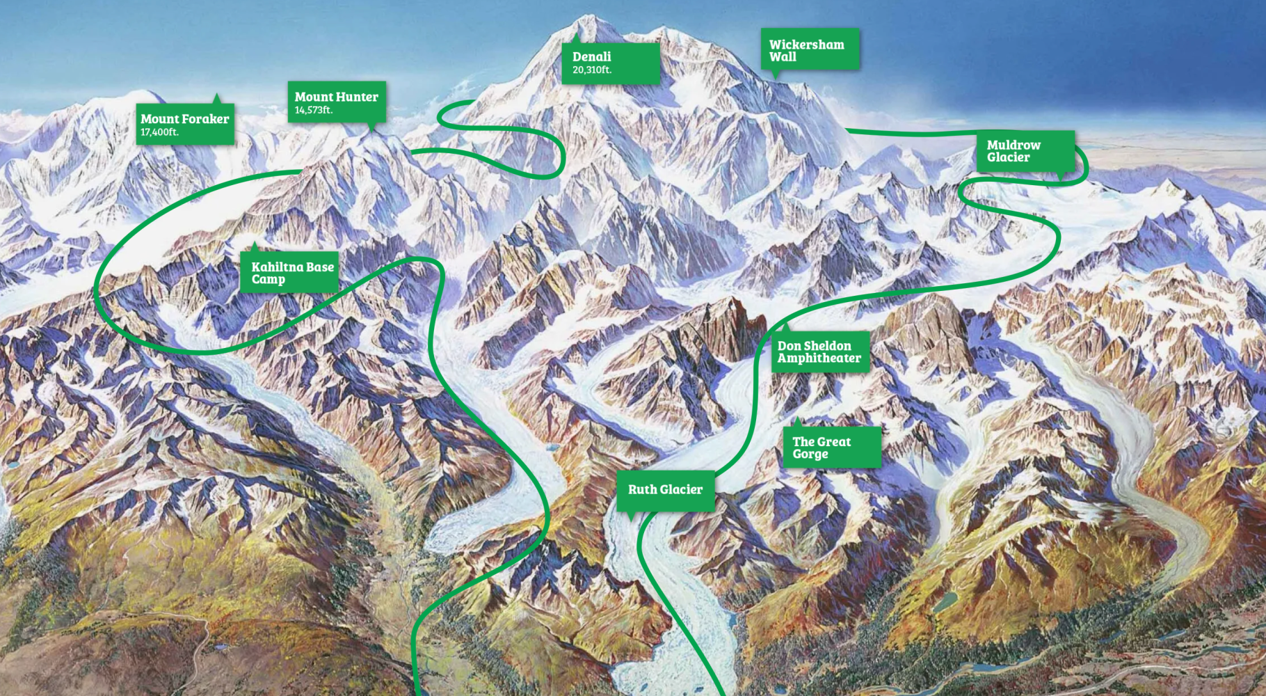 Map of Denali National Park including K2 Aviation's Denali Grand tour
