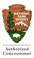 National Park Service logo with buffalo, tree, and mountain, labeled 'Authorized Concessioner'.